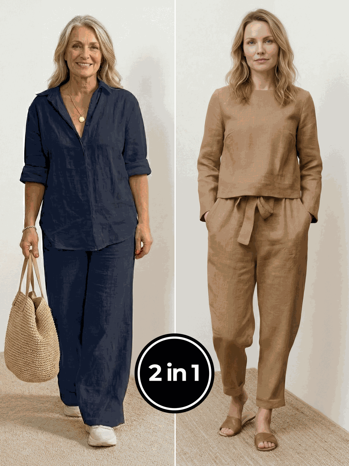 Two women wearing Casual Chic Duo breathable cotton and linen mix-and-match outfits standing outdoors