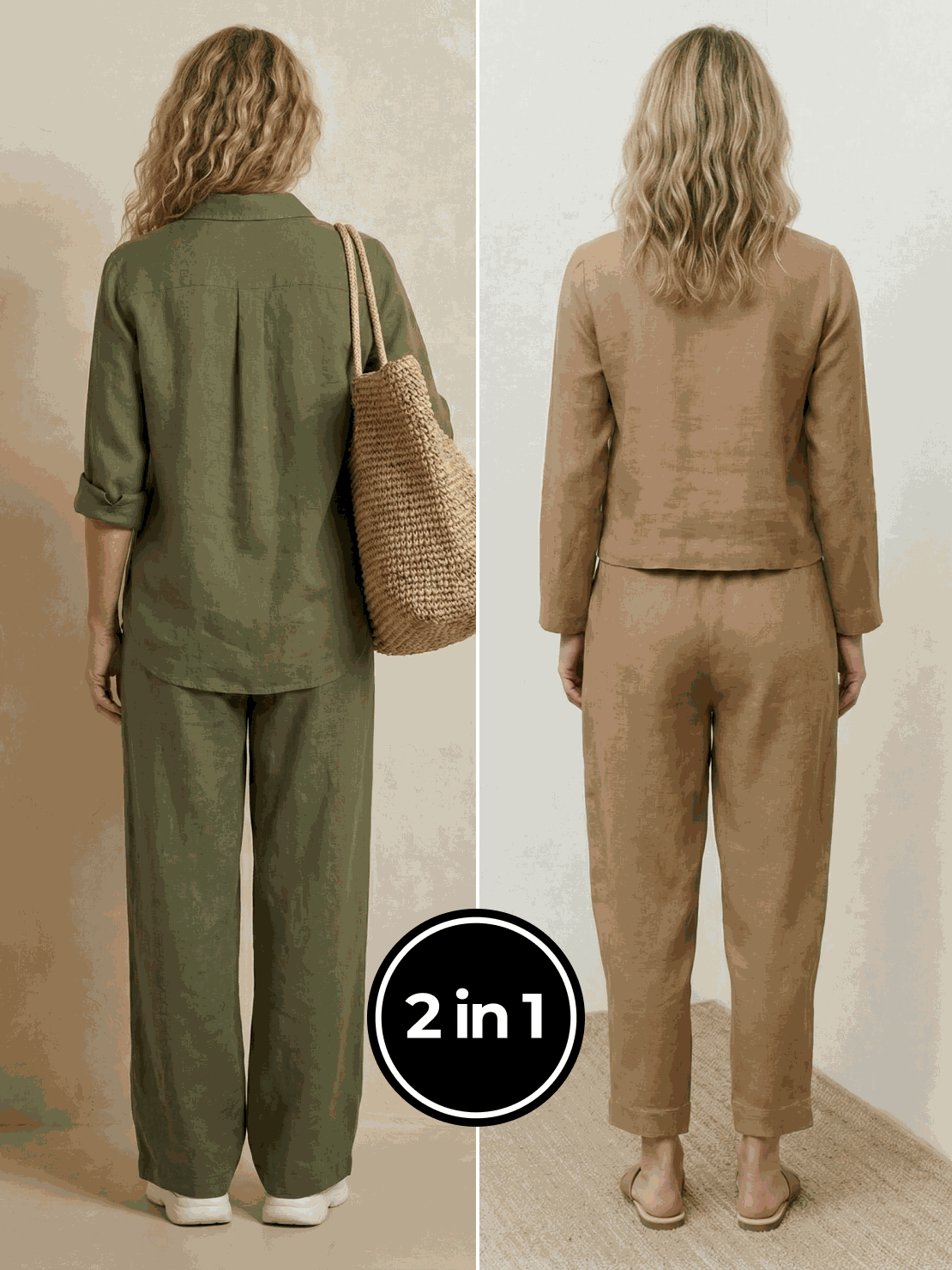 Two women wearing breathable casual chic duo two-piece sets in natural fabrics.