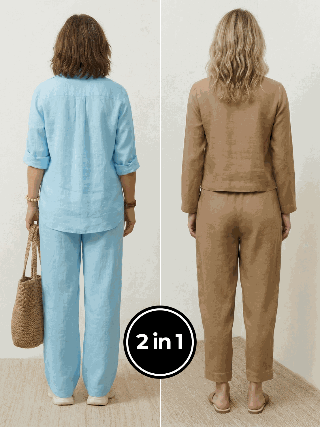 Two women wearing casual chic duo breathable cotton and linen two-piece sets outdoors