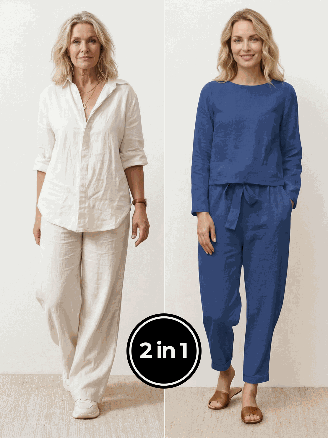 Two women wearing Casual Chic Duo breathable cotton and linen mix-and-match two-piece outfits
