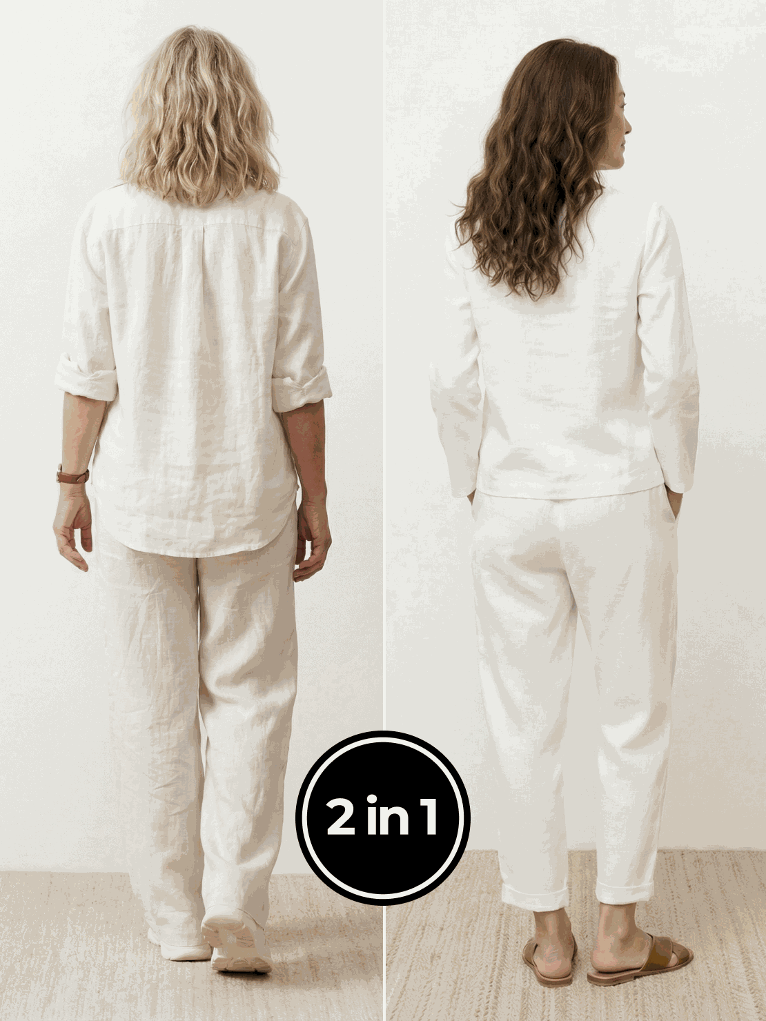 Two women modeling Casual Chic Duo breathable cotton and linen two-piece outfits for effortless style and comfort