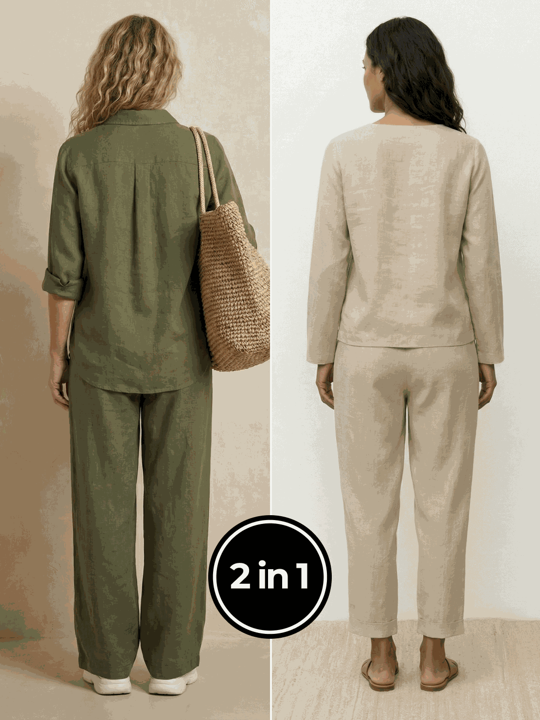 Two women wearing Casual Chic Duo breathable cotton and linen mix-and-match outfits standing outdoors