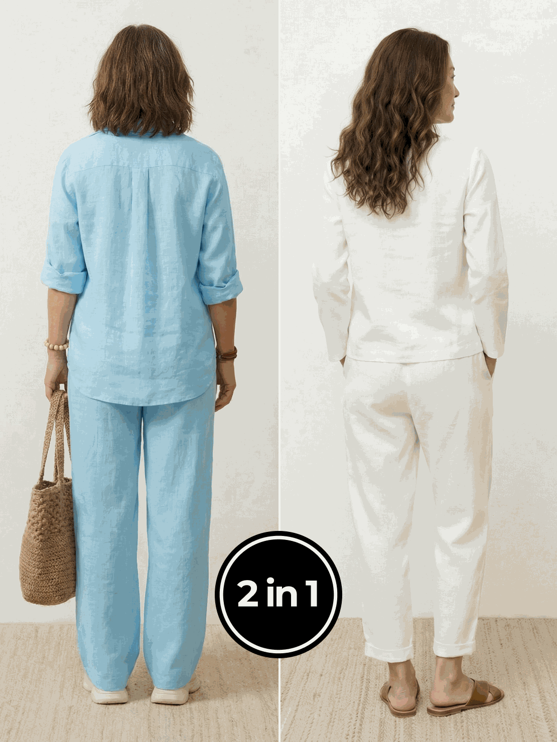 Women modeling Casual Chic Duo breathable two-piece cotton and linen outfits for effortless style and comfort