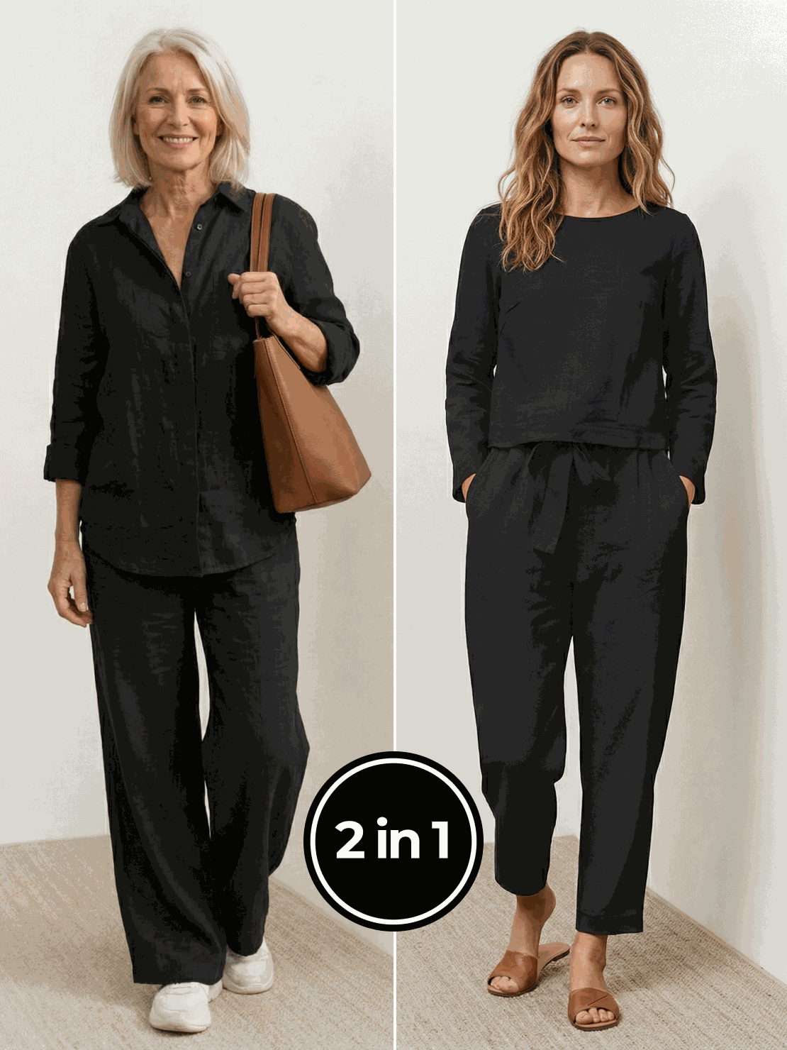 Two women modeling casual chic duo breathable cotton and linen two-piece sets