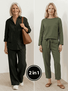 Two women modeling breathable casual chic duo outfits with relaxed cotton and linen two-piece sets in monochrome tones.