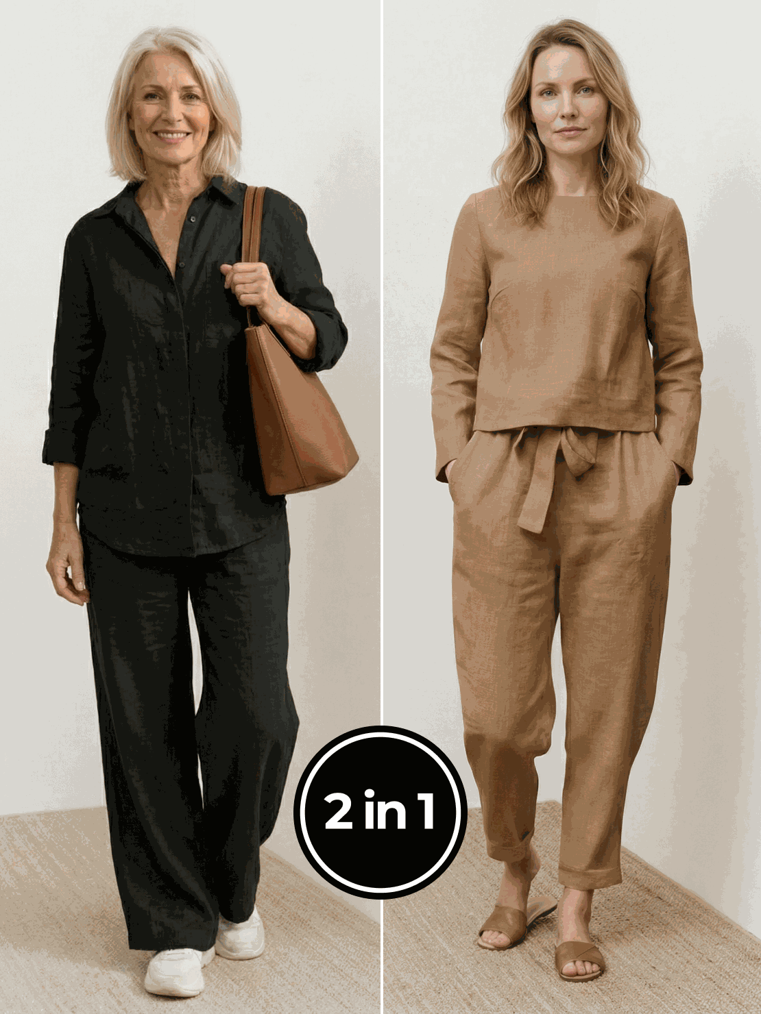 Two women wearing breathable casual chic duo cotton and linen two-piece sets standing outdoors