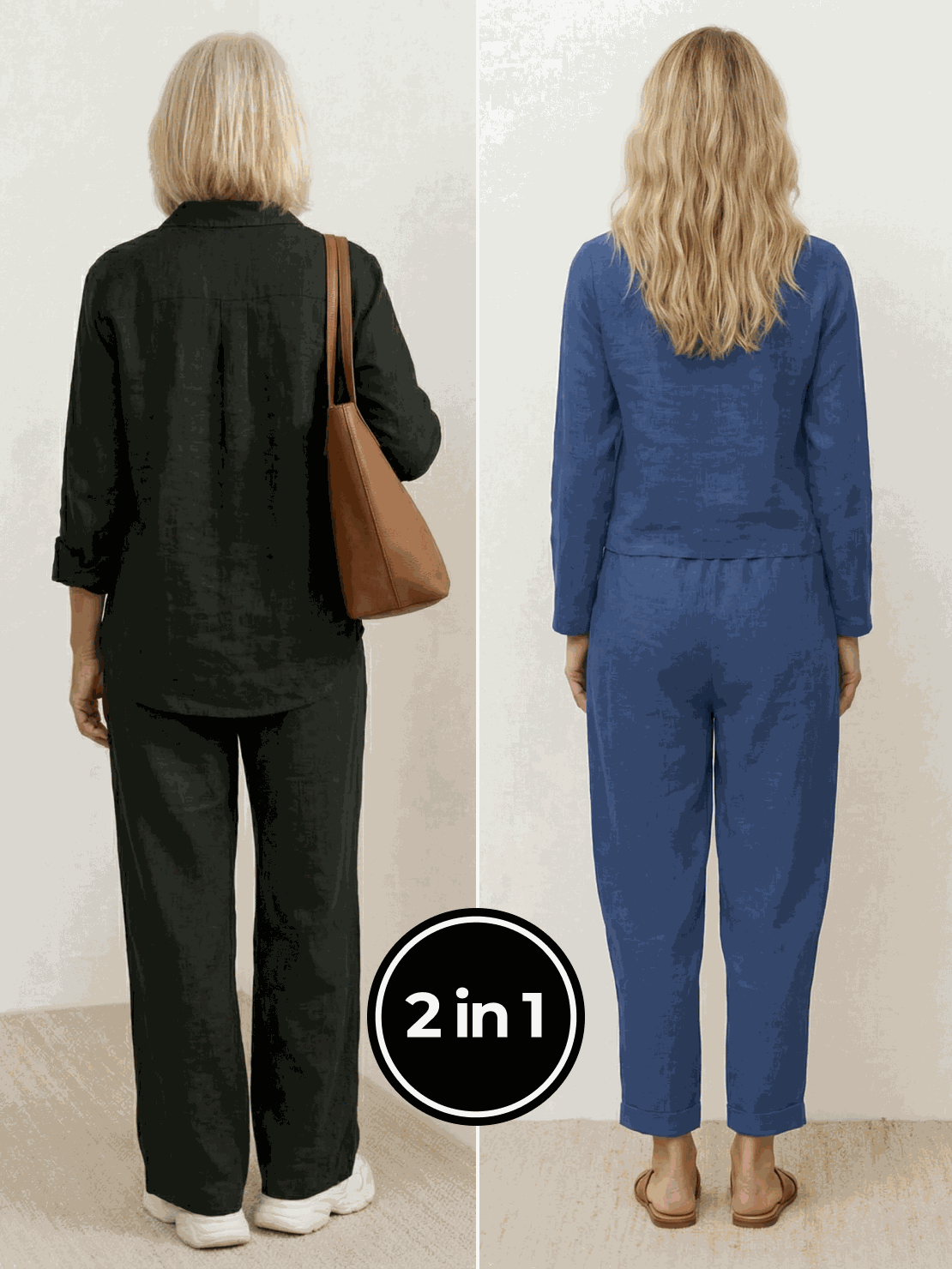 Two women wearing breathable Casual Chic Duo cotton and linen two-piece sets standing outdoors