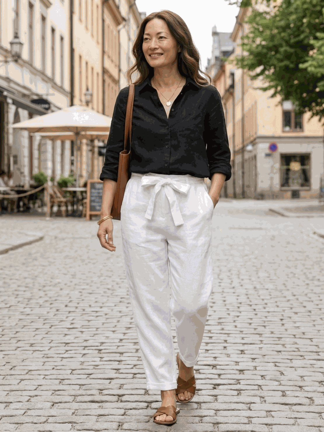 Two women modeling casual chic duo breathable cotton and linen two-piece sets in monochrome tones
