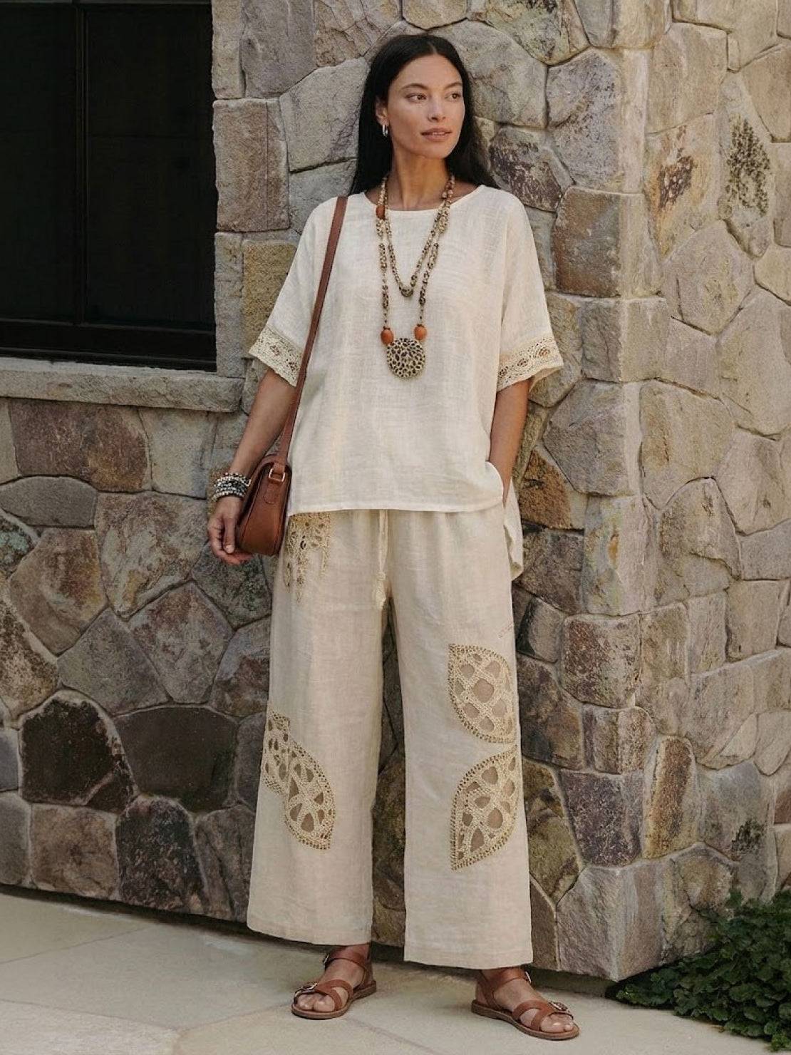 Coastal Comfort Linen two-piece set with lace details and breathable fabric