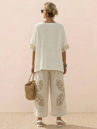 Coastal Comfort Linen two-piece set with lace details and wide-leg pants in soft breathable fabric