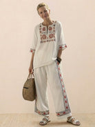 Coastal Comfort Linen two-piece set with artisan crochet and breathable fabric