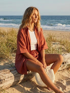 Coastal linen cotton two-piece set with button-down top and shorts in natural breathable fabric