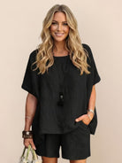 Comfy linen-like shirt and shorts two-piece set in breathable fabric for casual and versatile wear