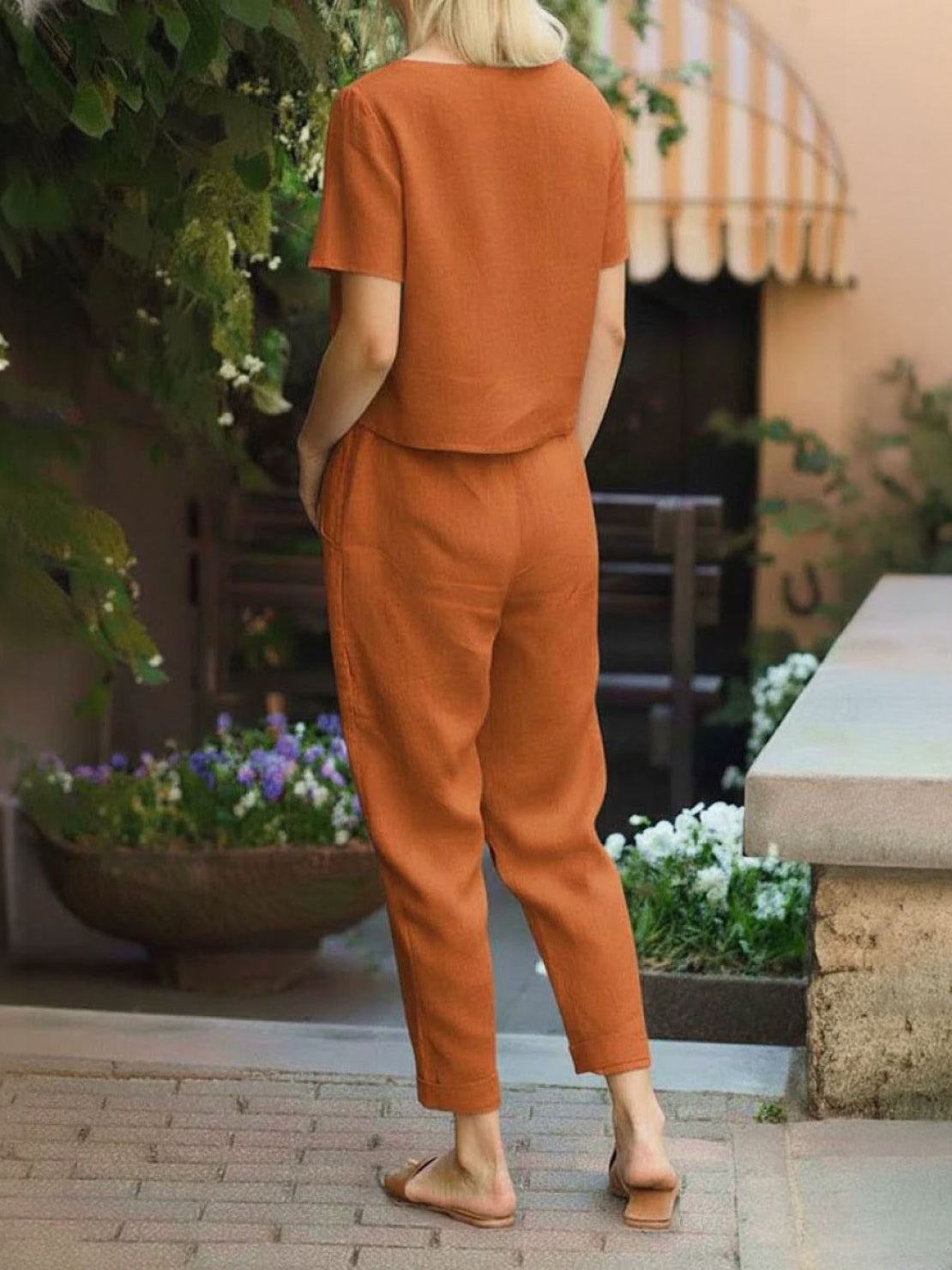 Cotton-linen blend monochrome two-piece set with relaxed fit and breathable fabric