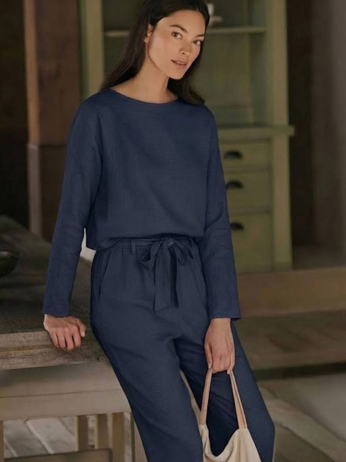 Cotton-linen monochrome two-piece set with relaxed longline top and wide-leg pants in neutral tones