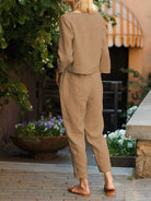 Cotton-linen monochrome relaxed longline top and wide-leg pants set in neutral tones