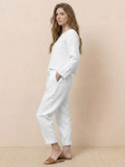 Cotton-linen monochrome two-piece set with relaxed longline top and wide-leg pants