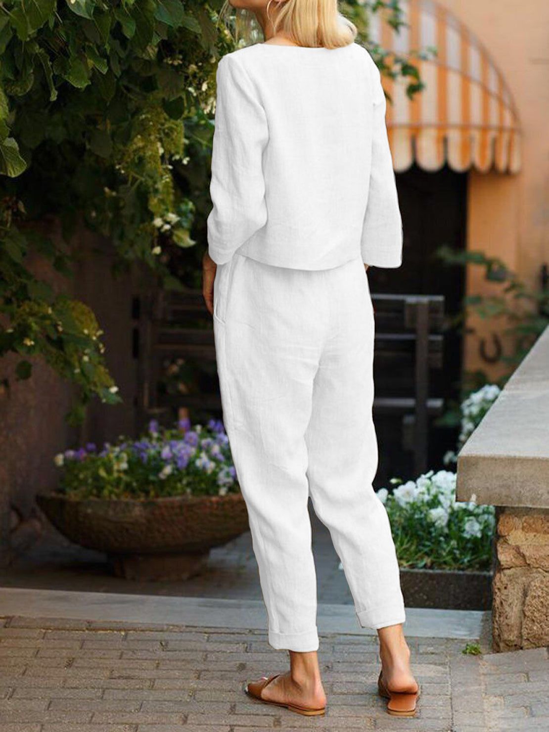 Cotton-linen monochrome relaxed longline top and wide-leg pants set on model