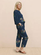 Cotton-linen monochrome relaxed longline top and wide-leg pants set in neutral tones