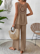 Dreamcatcher Crochet-Back two-piece set with asymmetric crochet mandala back top and wide-leg palazzo pants in linen-look fabric
