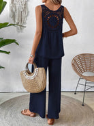 Dreamcatcher Crochet-Back two-piece set with sleeveless asymmetric top and wide-leg palazzo pants in linen-look fabric