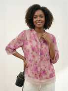 French boutique style organza floral print blouse in lightweight, elegant fabric