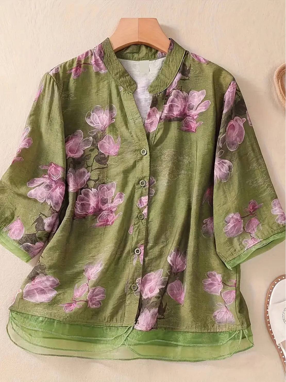 French boutique style organza blouse with elegant floral print and lightweight breathable fabric
