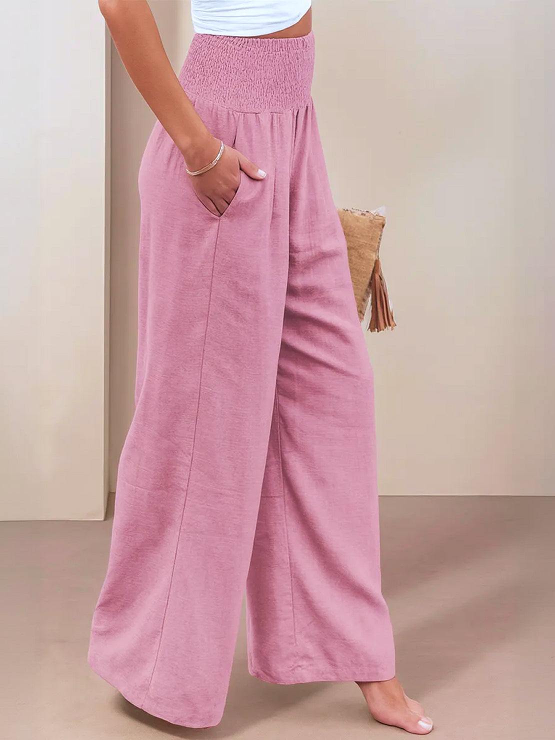 Pink high-waist cotton linen palazzo pants with wide-leg fit and pockets