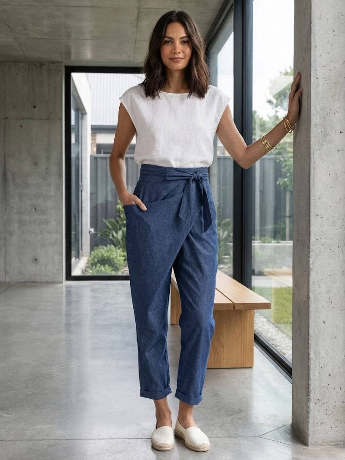 High-waist wrapped comfy pants in breathable stretch fabric with unique wrap design and casual style