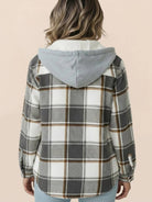 Highland Plaid Shacket with soft fleece lining, relaxed fit, attached hood, and button-front closure in classic plaid pattern