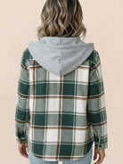 Highland Plaid Shacket with button front, fleece lining, hood, and front pockets in classic plaid pattern