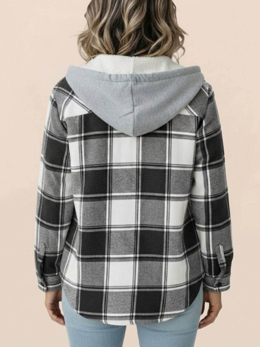 Highland Plaid Shacket with fleece lining, hood, button front, and plaid pattern for cozy layering