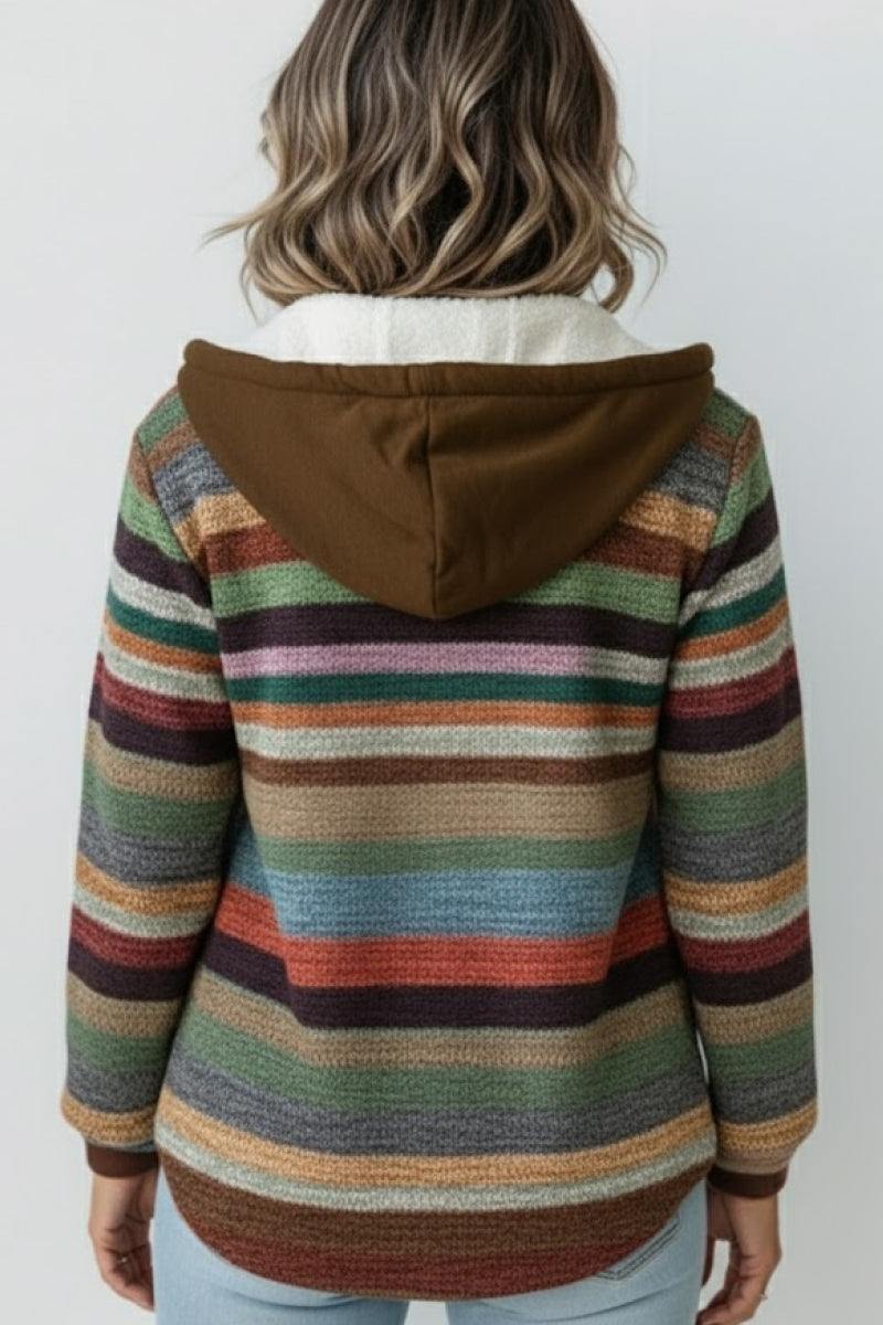 Back view of Highland Plaid Shacket with multicolor stripes and brown hood on woman