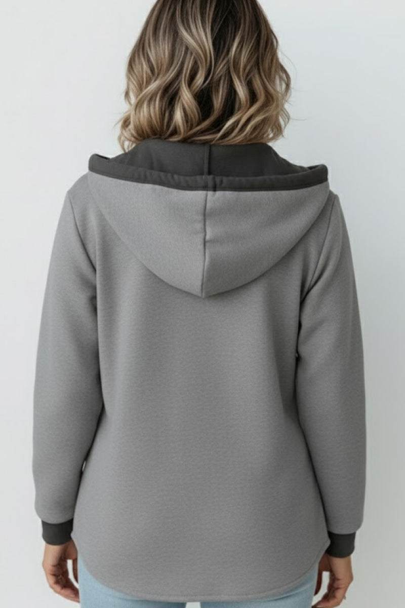 back view of woman wearing gray Highland Plaid Shacket with hooded relaxed fit