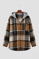 Highland Plaid Shacket with soft fleece lining and attached hood in brown and gray plaid pattern