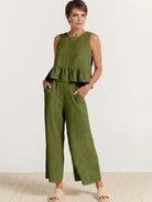 woman wearing Jetsetter Linen-Like Feel Set, lightweight breathable two-piece outfit with linen-like texture and cool comfort