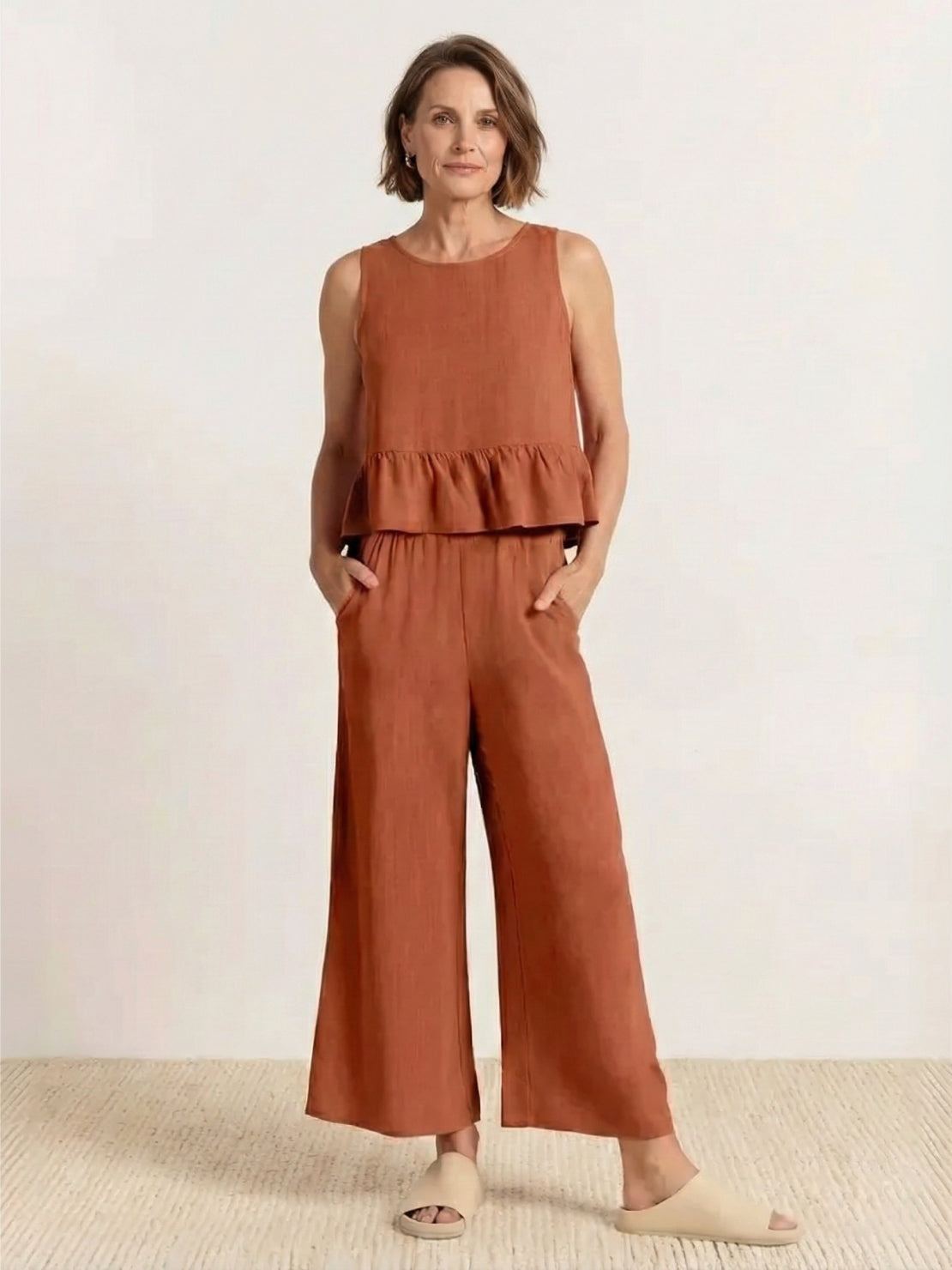women wearing breathable linen-like feel two-piece set for travel and comfort