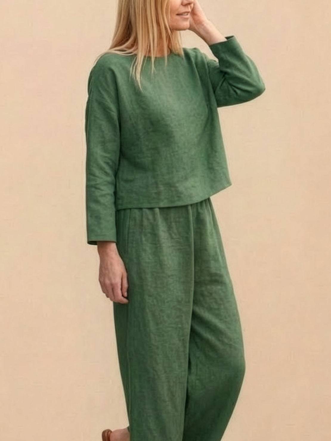 loose solid color green two-piece set with long sleeves and wide-leg pants