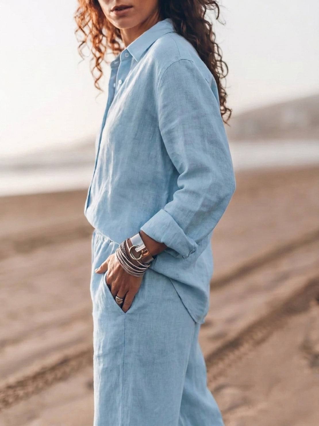 Model wearing oversized 100% cotton shirt and wide-leg pants co-ord set in relaxed silhouette