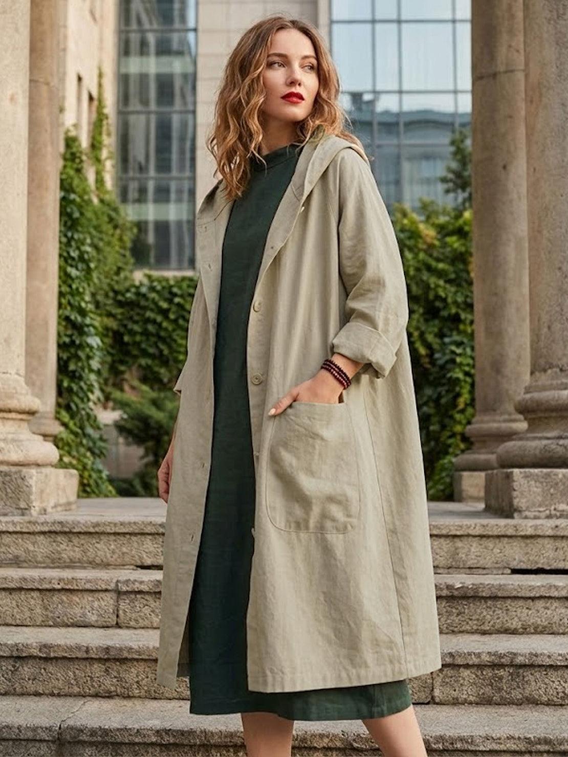 Woman wearing oversized water-resistant windbreaker jacket with waterproof design outdoors