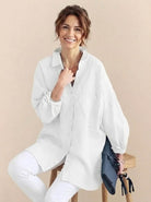 Oversized linen shirt in soft breathable cotton blend with relaxed fit and back button detail