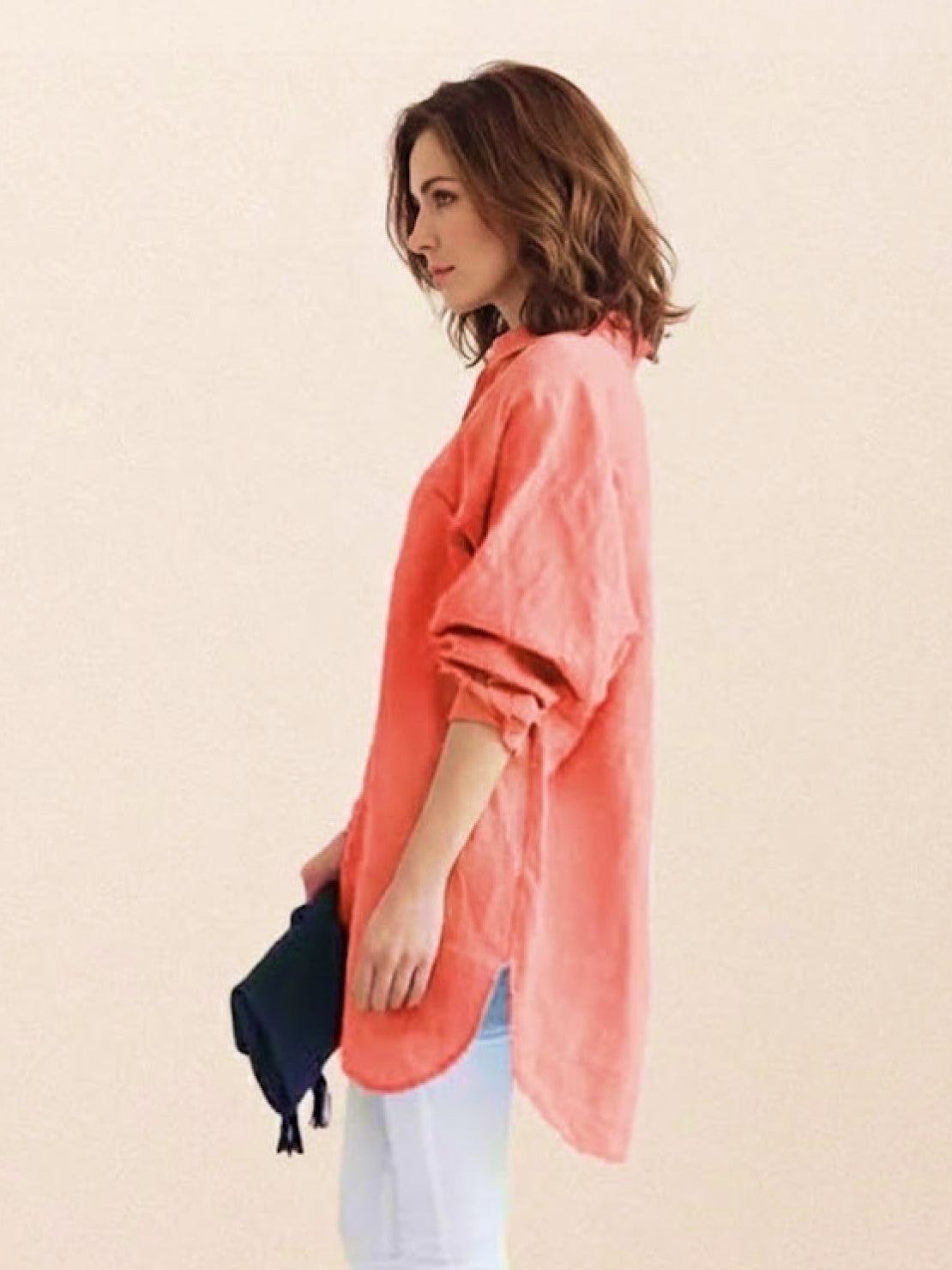 Oversized linen shirt in breathable cotton blend with relaxed fit and back button details