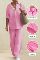 Oversized 100% cotton shirt and wide-leg pants co-ord set in pink with collared neck, button-up front, and pockets.