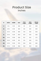 Size chart for oversized linen shirt showing bust, front length, back length, and sleeve length in inches from S to 5XL