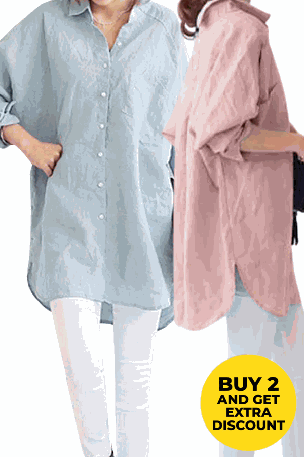 Two oversized linen shirts in light blue and dusty pink, styled casually with rolled-up sleeves and white pants, promoting a buy 2 discount offer.