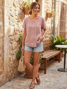 Relaxed Fit Linen Button-Up Tee with breathable cotton-linen fabric and stylish button detail
