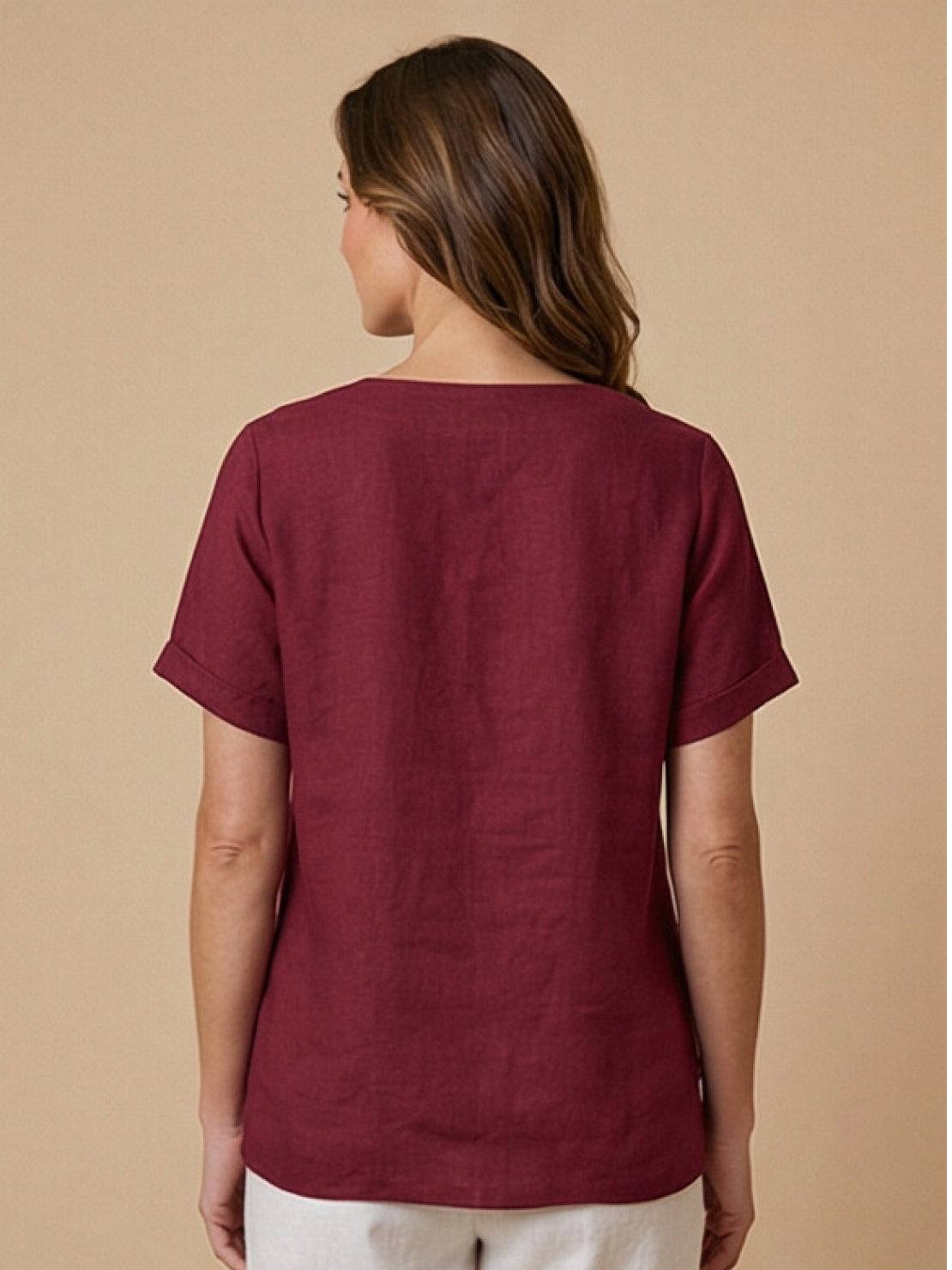 Relaxed Fit Linen Button-Up Tee in breathable cotton and linen with button detail and loose fit