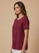Relaxed Fit Linen Button-Up Tee soft breathable cotton fabric with button detail and loose fit