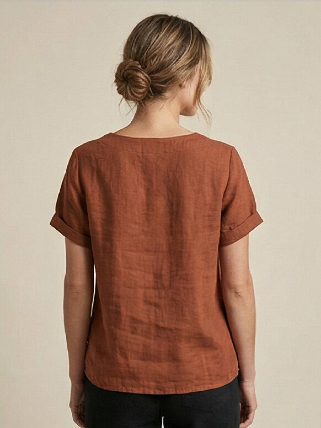 Relaxed Fit Linen Button-Up Tee in breathable cotton linen fabric with stylish button detail and classic round neck.