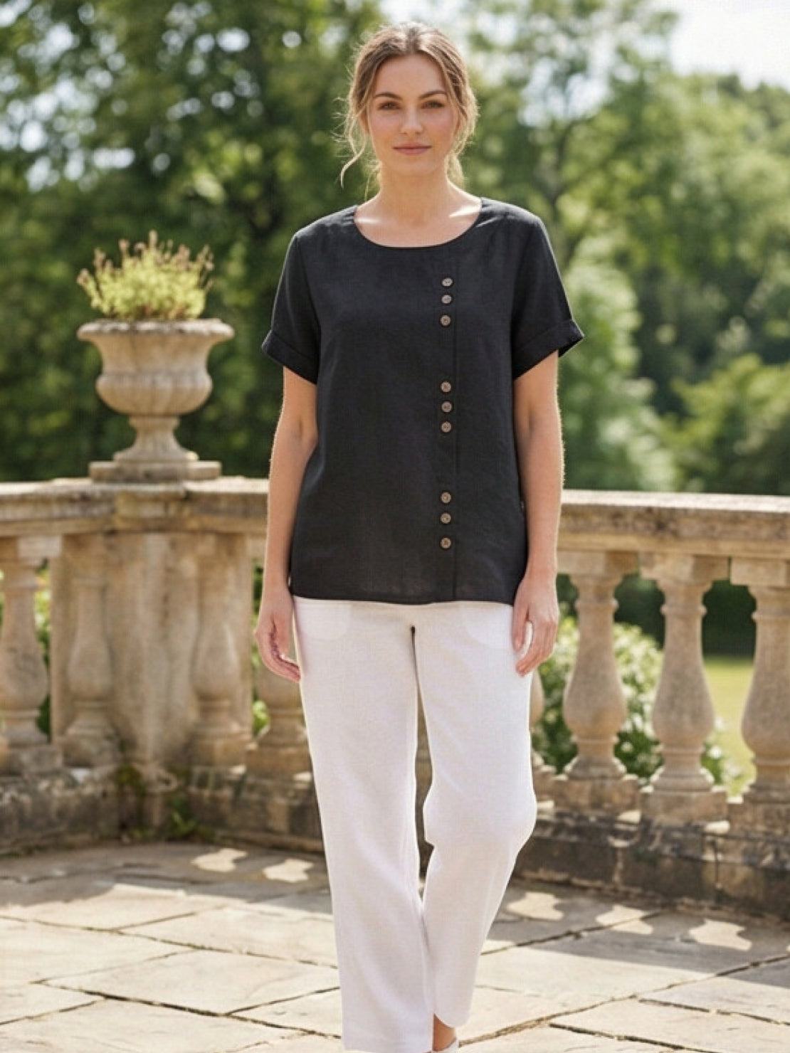 Relaxed fit linen button-up tee with breathable cotton, short sleeves, round neck, and stylish buttons for casual comfort